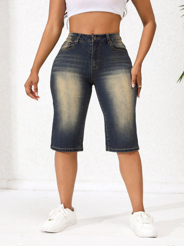 Washed Vintage Straight Leg Long Shorts Denim Jeans