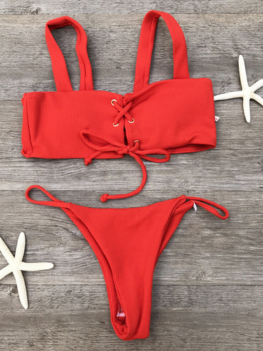 Ribbed Lace-Up Bikini Set