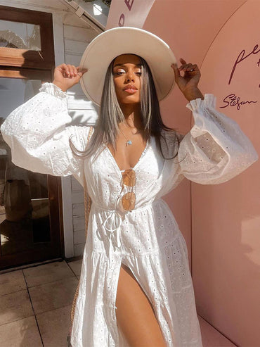 Women White Lace Lantern Sleeve Buttons Beach Cover-ups