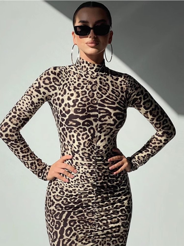 Leopard Print High Neck Split Hem Maxi Dress
