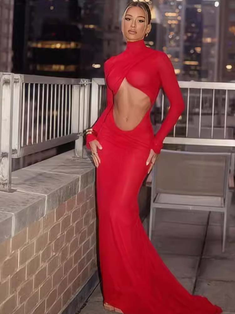 Red Cut Out Detail High Neck Slip sleeves Opening Maxi Dress - Thingy-London