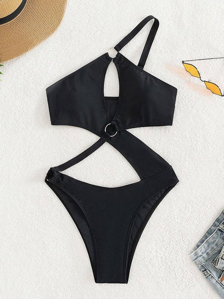 Solid Color One Shoulder One Piece Swimsuit - Thingy-London