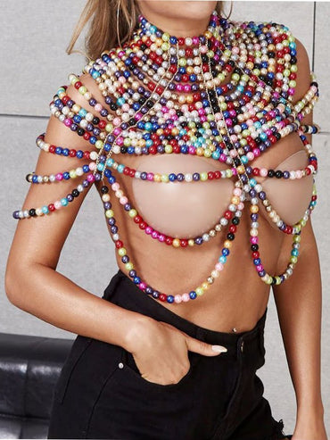 Colorful Pearl Stand Collar Chest Chain Body Chain - Thingy-London