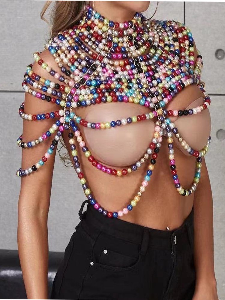 Colorful Pearl Stand Collar Chest Chain Body Chain - Thingy-London