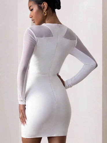 See Through O-neck Long Sleeve Mesh Bodycon Dress - Thingy-London