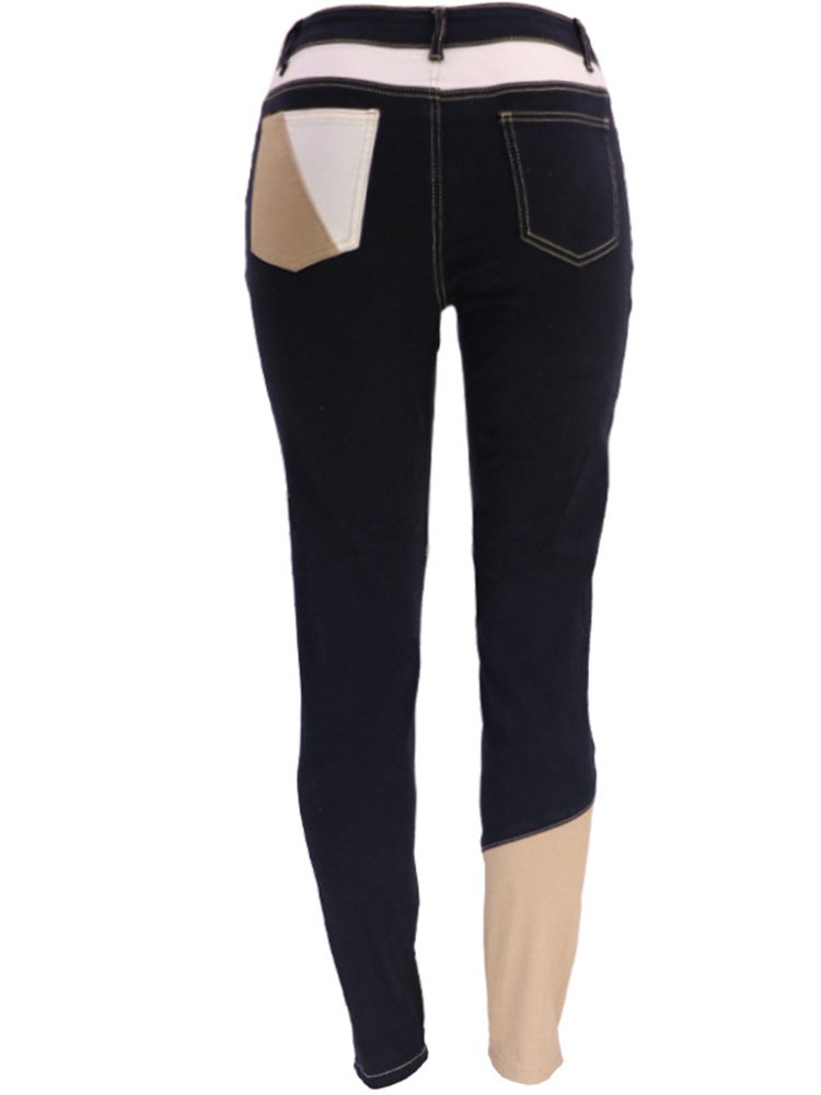 Two-tone Patchwork Hipster Cotton Washed Denim High-waisted Jeans - Thingy-London