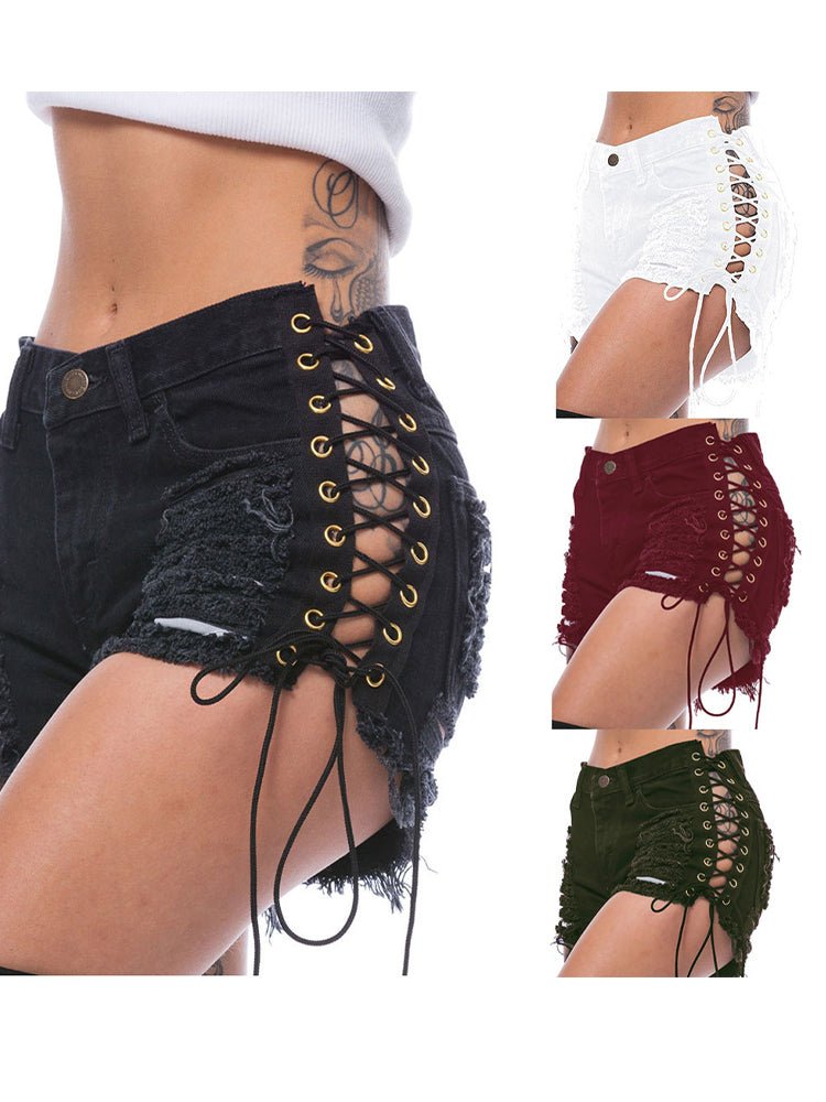 Washed Side Ripped Eyelet Bandage Denim Shorts - Thingy-London