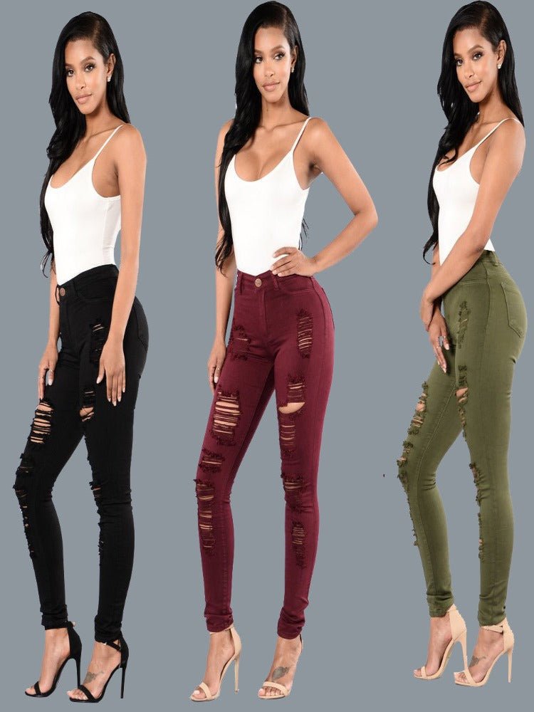 Women Multi-color High Elastic Ripped Long Leg Jeans - Thingy-London