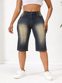 Washed Vintage Straight Leg Long Shorts Denim Jeans