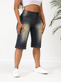 Washed Vintage Straight Leg Long Shorts Denim Jeans