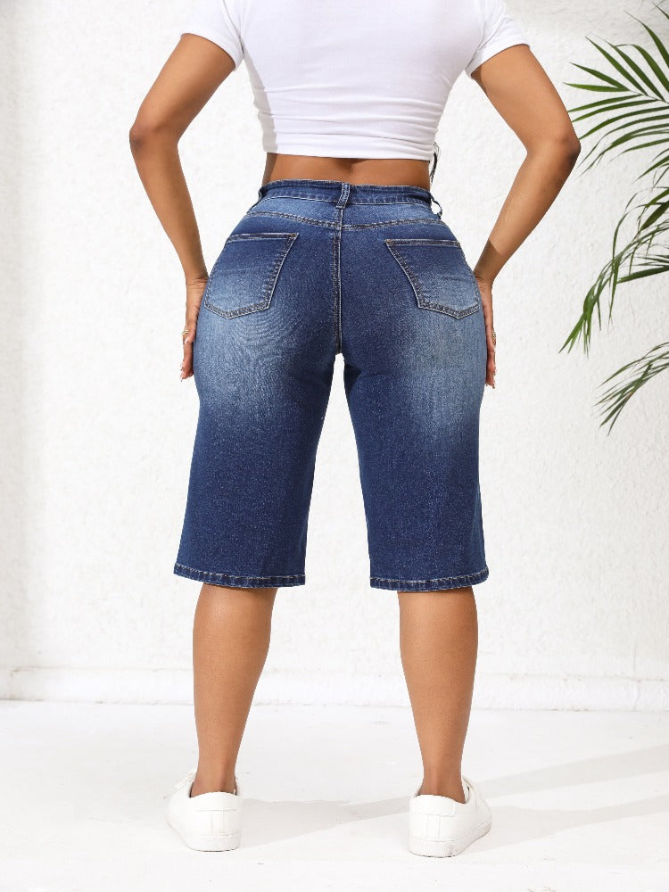 Women's Irregular Ripped Mid-rise Long Shorts Denim Jeans
