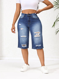 Dames onregelmatig gescheurde mid-rise lange shorts denim jeans