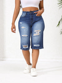 Women's Irregular Ripped Mid-rise Long Shorts Denim Jeans