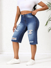 Dames onregelmatig gescheurde mid-rise lange shorts denim jeans