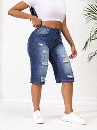 Dames onregelmatig gescheurde mid-rise lange shorts denim jeans