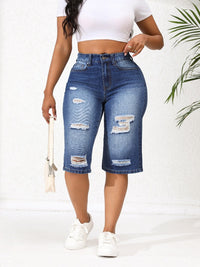 Women's Irregular Ripped Mid-rise Long Shorts Denim Jeans