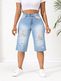 Jean en denim taille mi-haute déchiré irrégulier bleu clair