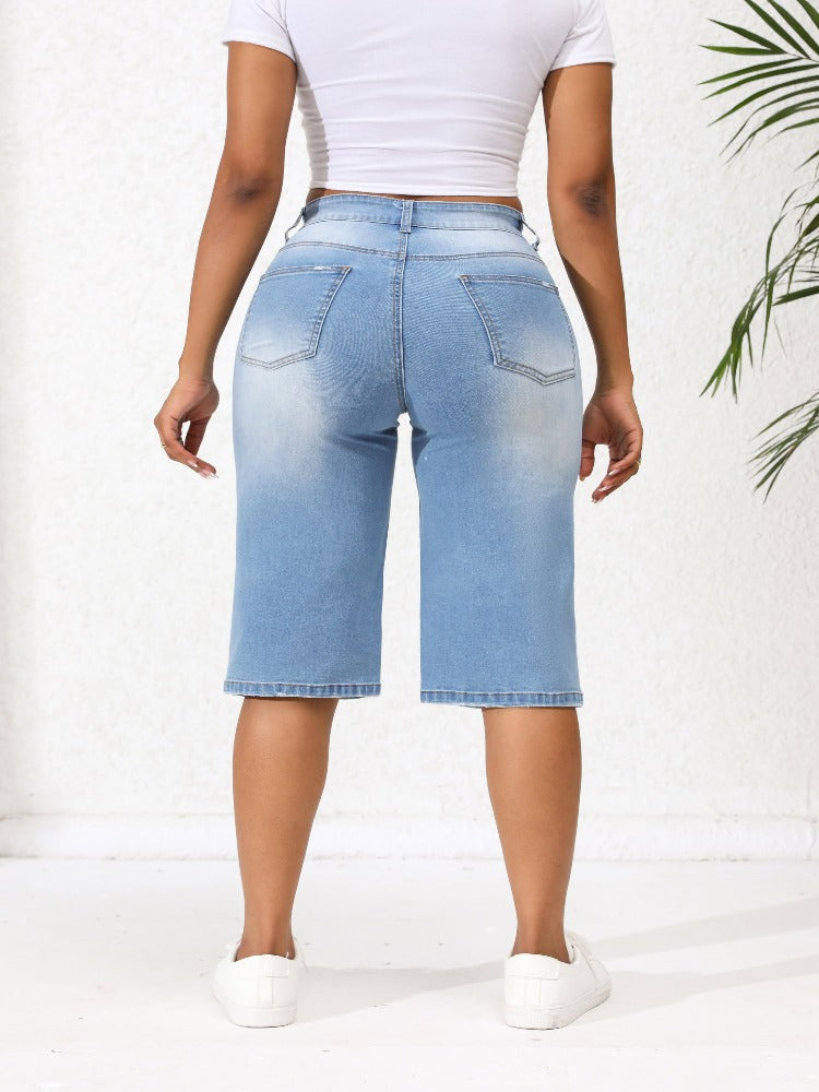 Light Blue Irregular Ripped Mid-rise Denim Jeans