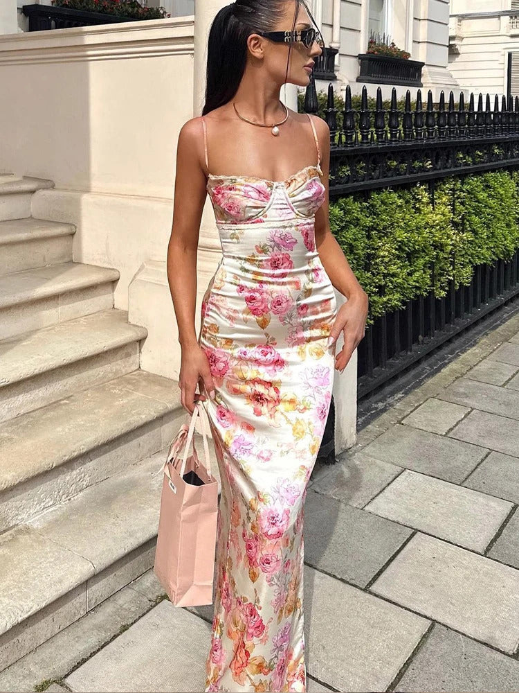 Elegant Floral Print Bodycon Maxi Dress