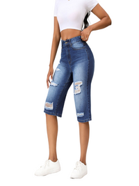 Women's Irregular Ripped Mid-rise Long Shorts Denim Jeans