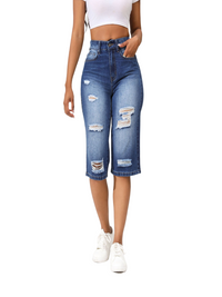 Women's Irregular Ripped Mid-rise Long Shorts Denim Jeans