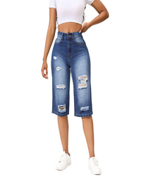 Women's Irregular Ripped Mid-rise Long Shorts Denim Jeans