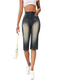 Washed Vintage Straight Leg Long Shorts Denim Jeans