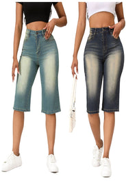 Washed Vintage Straight Leg Long Shorts Denim Jeans