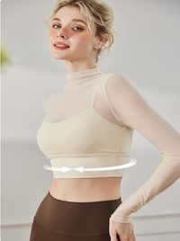 Stylish Mesh Breathable Small Round Neck Long Sleeve Crop Top