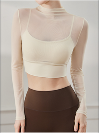 Stijlvolle mesh ademende kleine ronde hals lange mouw crop top