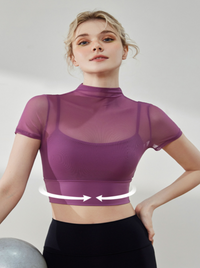 Stijlvolle mesh ademende kleine ronde hals korte mouwen crop top