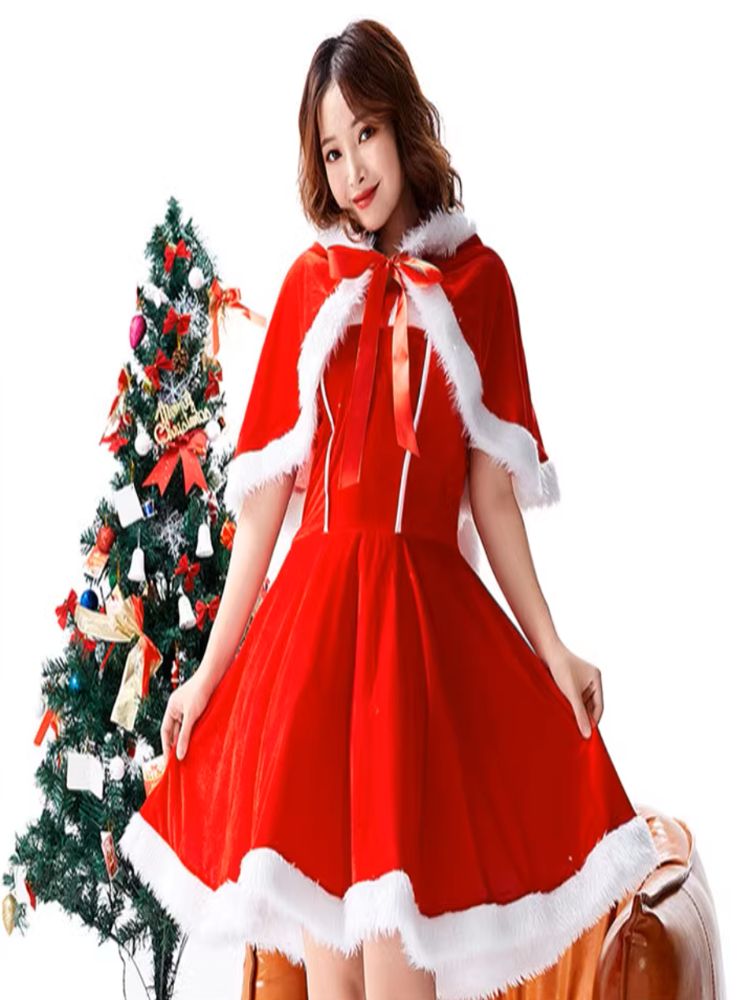 Festive Santa-Inspired Velvet Cape Dress