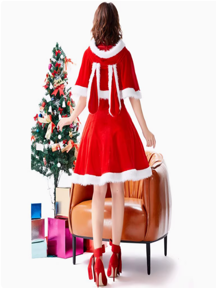 Festive Santa-Inspired Velvet Cape Dress