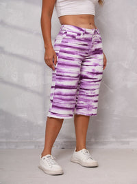 Tie-dye Straight Leg Ripped Hem Long Shorts Denim