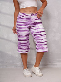 Tie-dye Straight Leg Ripped Hem Long Shorts Denim