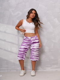 Tie-dye Straight Leg Ripped Hem Long Shorts Denim