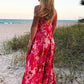 Backless Rayon Women Red Dress Cotton Sleeveless Floral Maxi Dress Hollow Out A-line Long Boho Beach Dress