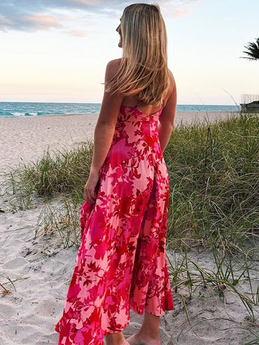 Backless Red Floral Maxi Dress