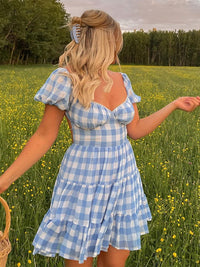 Lace Up Backless Gingham Chiffon Zomerjurk Vintage A-lijn Pofmouw Geruite Korte Jurk Chique Blauwe Vakantiejurk