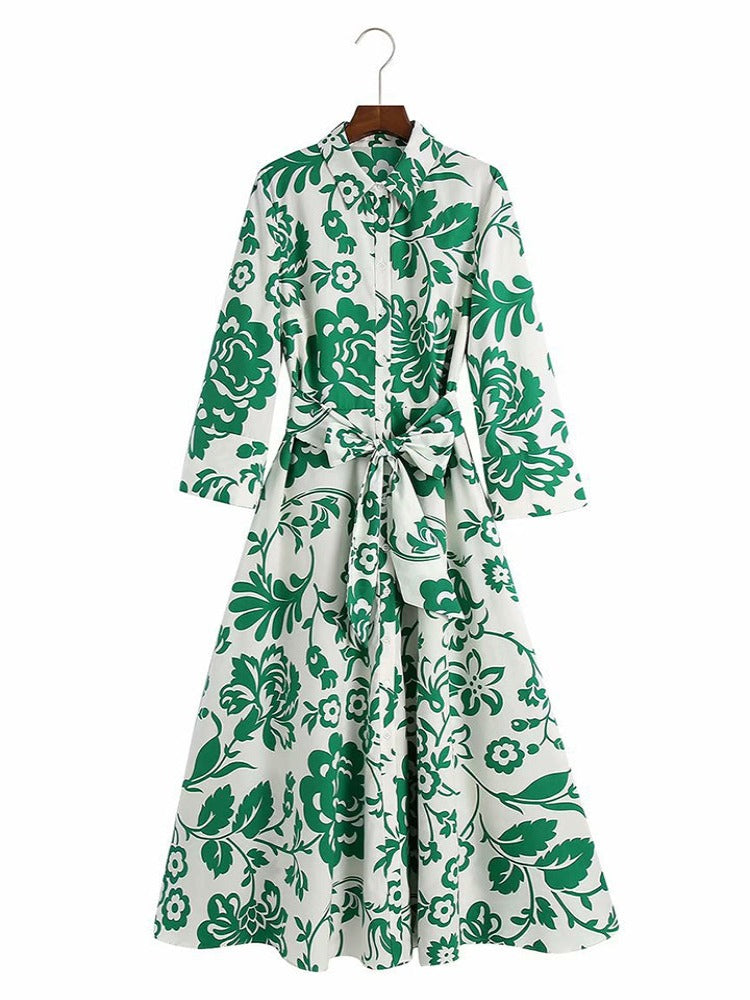 Casual Button Up Shirt Dress Maxi Long Women Dress Robe Floral Print Green Boho Autumn Winter Sash Ladies Dress