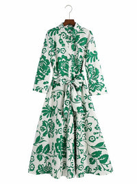 Casual Button Up Shirtjurk Maxi Lange Damesjurk Robe Bloemenprint Groen Boho Herfst Winter Sjerp Damesjurk