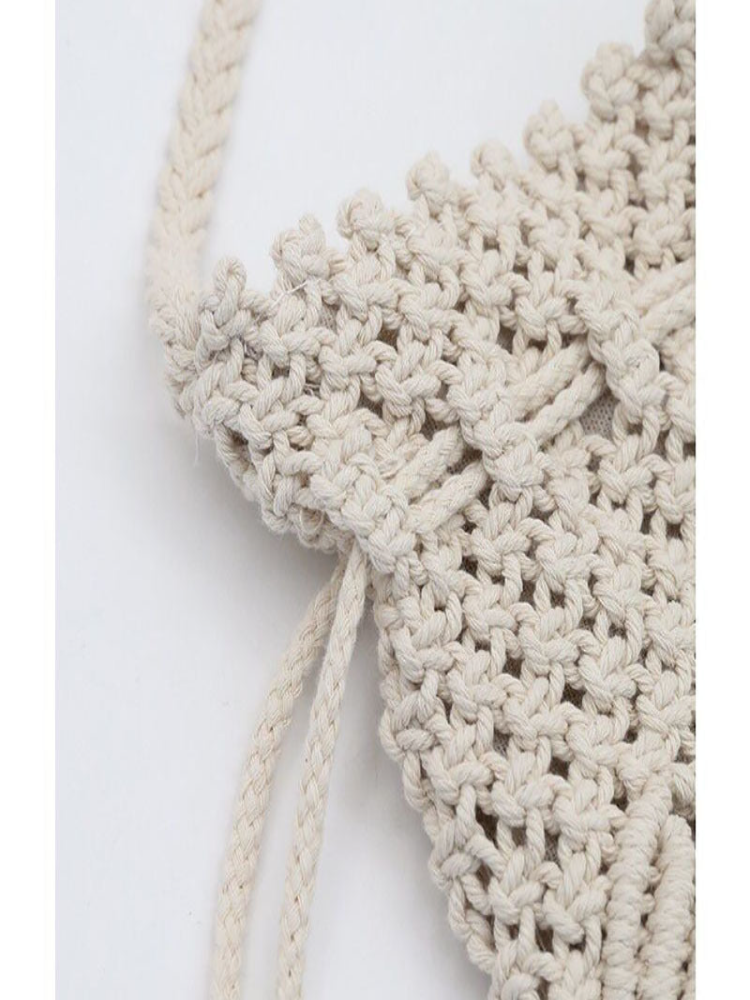 Crochet Drawstring Bags for Women Bohemian Beach Bags Summer Vacation White Shoulder Bag Handmade Handbags