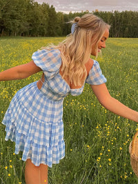 Lace Up Backless Gingham Chiffon Zomerjurk Vintage A-lijn Pofmouw Geruite Korte Jurk Chique Blauwe Vakantiejurk