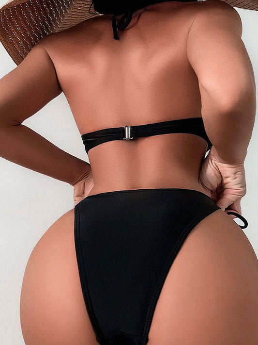 Solid Color Halter Neck Backless Side Tie High Waist Two Pieces Bikini Set