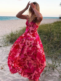 Backless Red Floral Maxi Dress