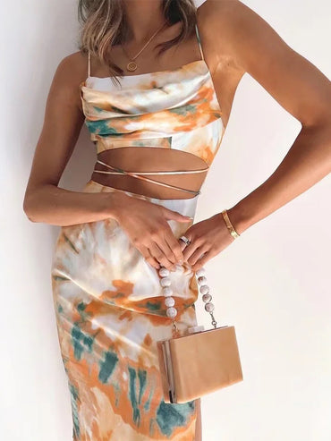 Taille Cut Out Criss Cross Tie-dyed Midi Elegante Mouwloze Strand Lange Jurk Zomerjurk