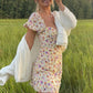 Flower Print Folds Yellow Summer Boho Dress Vestido Short Sleeve Vintage Floral Mini Dress Beach Wear