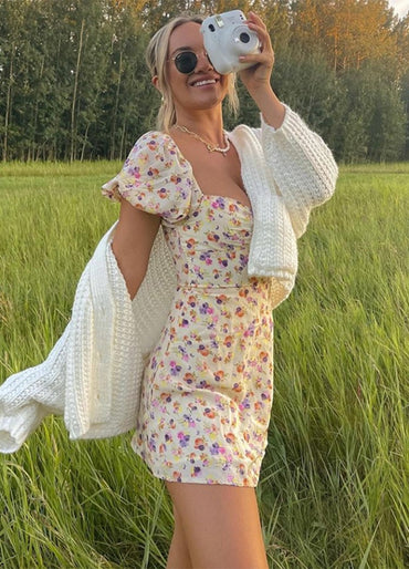 Robe d'été style Boho, imprimé floral, pliable, jaune, manches courtes, Vintage, Mini robe florale, vêtements de plage