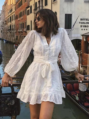 White Cotton Lantern Sleeve Embroidered Summer Dress