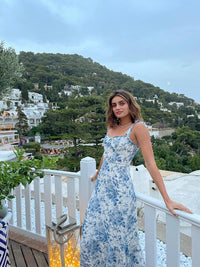 À lacets Robe D'été Bohème Robes Robe Volants Plage Floral Robe Midi Femme Sans Manches Robe Bleu Robe D'été